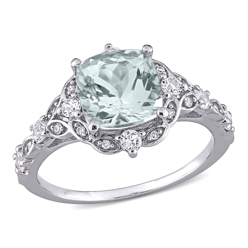 Miadora Vintage Aquamarine White Sapphire and Diamond Ring in 14k White Gold
