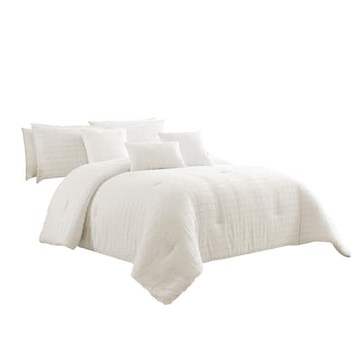 7 Piece Cotton King Comforter Set with Fringe Details, White
