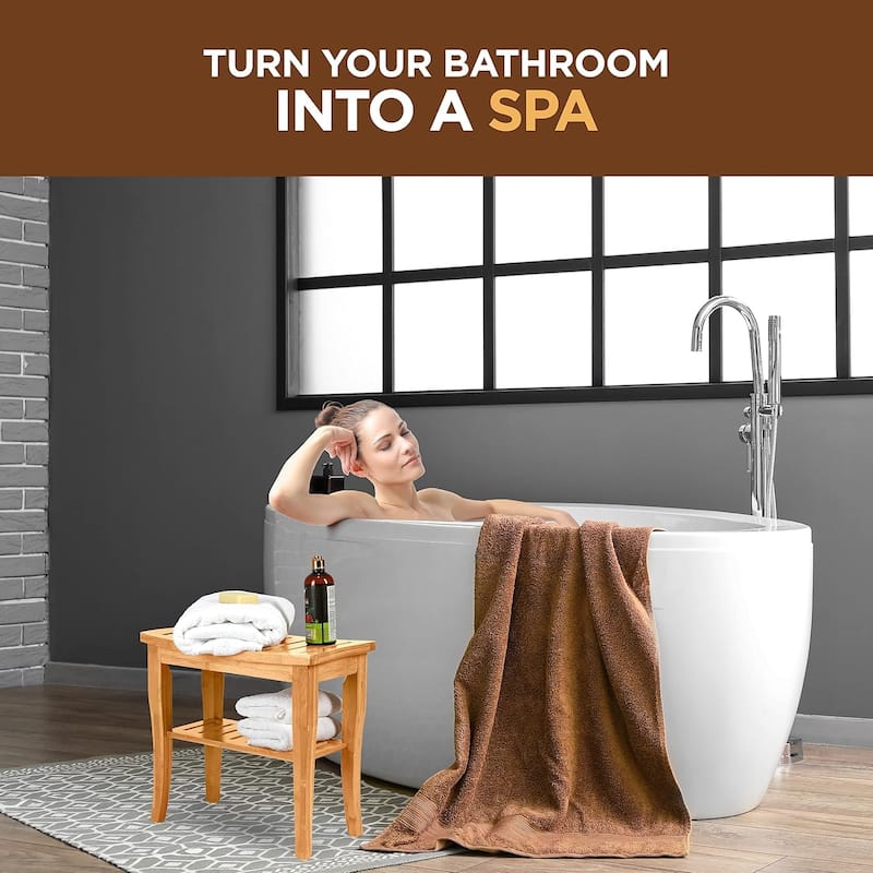 Bamboo Shower Bench Spa Stool - Wood 2-Tier Seat, Foot Rest Shaving Stool with Non-Slip Feet + Storage Shelf