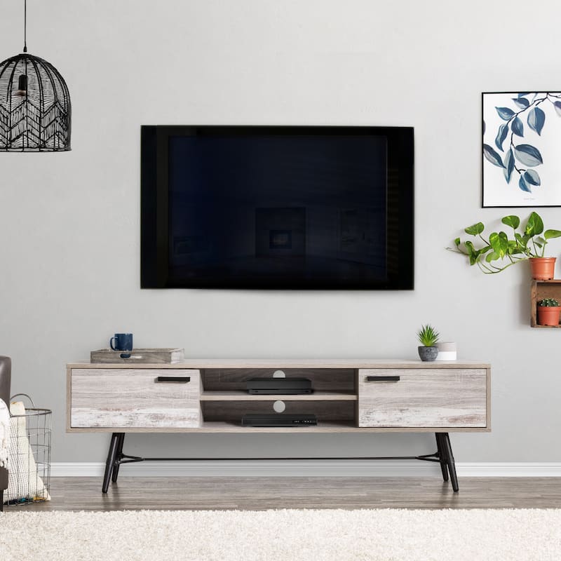 Aurora Mid Century TV Bench with Doors, TVs up to 85"