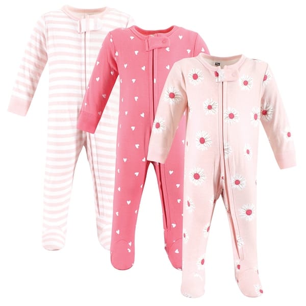 slide 1 of 1, Hudson Baby Girls Cotton Sleep and Play, Pink Daisy Heart 0-3 Months - Pink Daisy Heart