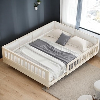 77"W Full Size Upholstered Floor Bed, Safety Platform Bed with Guardrail and Pillow