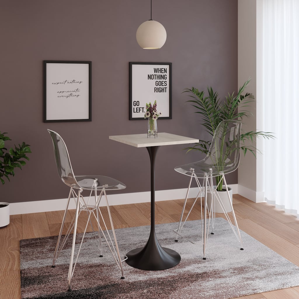 Verve 43 in. Tall Bar Height Dining Table Square MDF Wood Tabletop in White Stainless Steel Pedestal Base Accent Bar Table