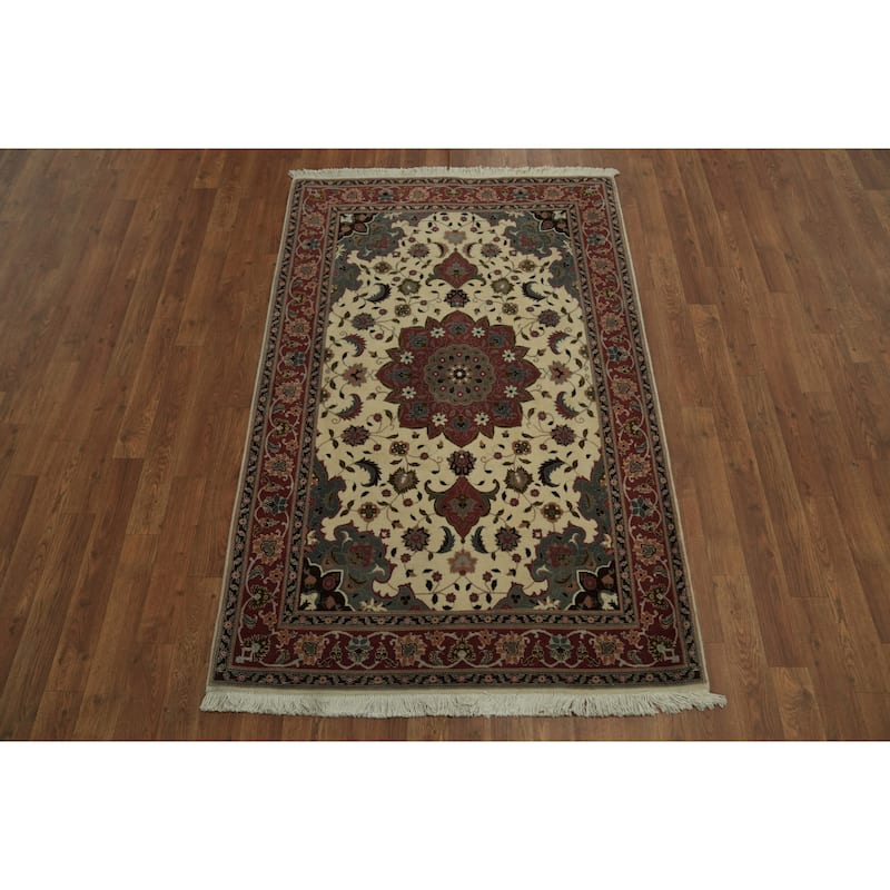 Hand Knotted Oriental 100% Wool Carpet Traditional Floral Beige & Ivories Tabriz Area Rug - 5' 3'' X 3' 4''