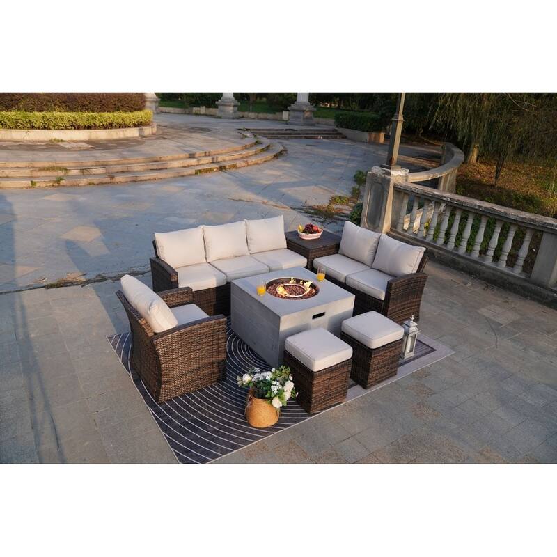 7-Piece Patio Brown Rattan Wicker Conversational Sofa Set with Fire Pit Table and Storage Box