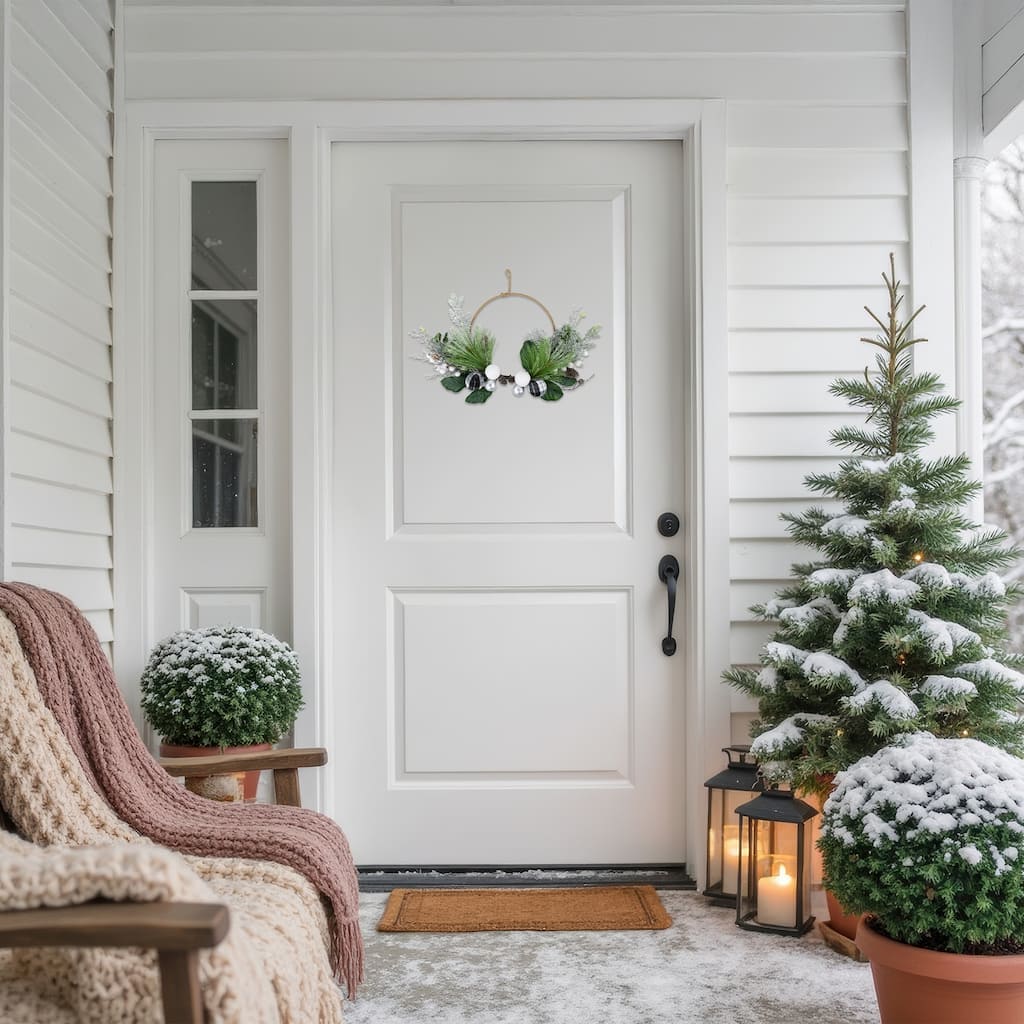 Black & White Plaid Winter Greenery Artificial Christmas Wreath, 18-"