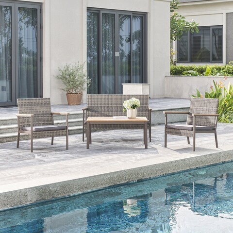 Evelyn 4-Piece All-Weather Outdoor Wicker Mixed Acacia Wood Lounge Sofa Set in Grey with Cushion