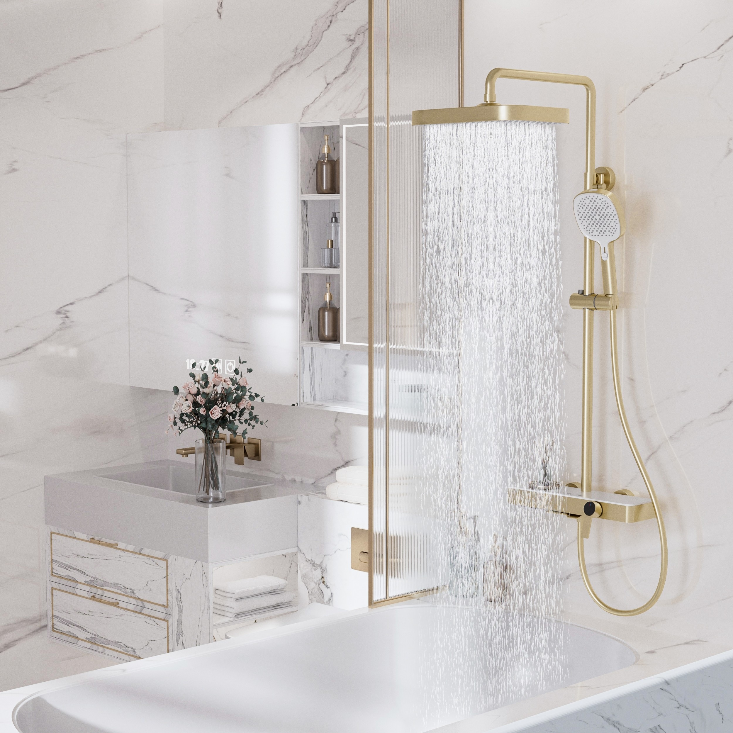 5-Way Exposed Shower System with Push Button Diverter, Square Rain Head, Slide Bar Handheld & Waterfall Tub Spout, Solid Brass