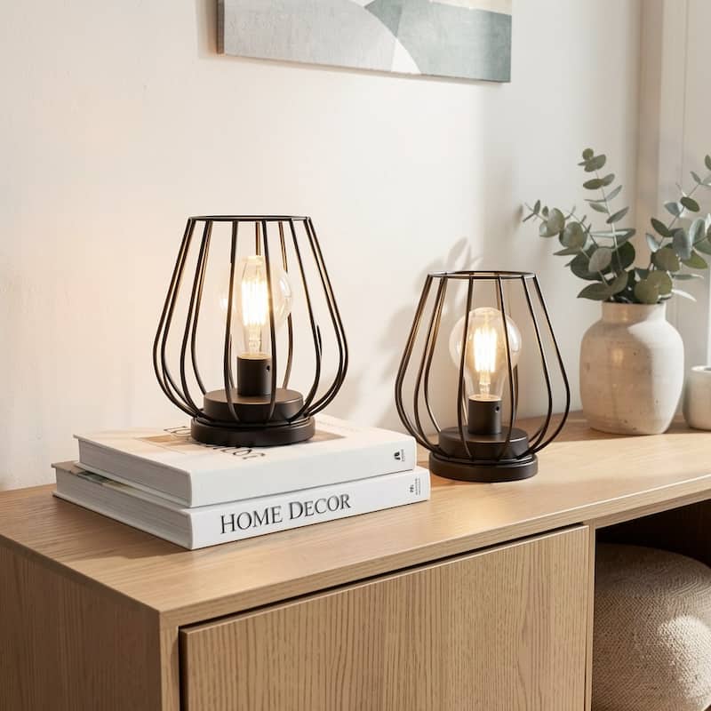 HomeRoots Set of Two 7" Black Geometric Cage Cordless Desk Lamps - 6.00 in. x 6.50 in. x 6.00 in. - Black - 6.00 in. x 6.50 in. x 6.00 in.