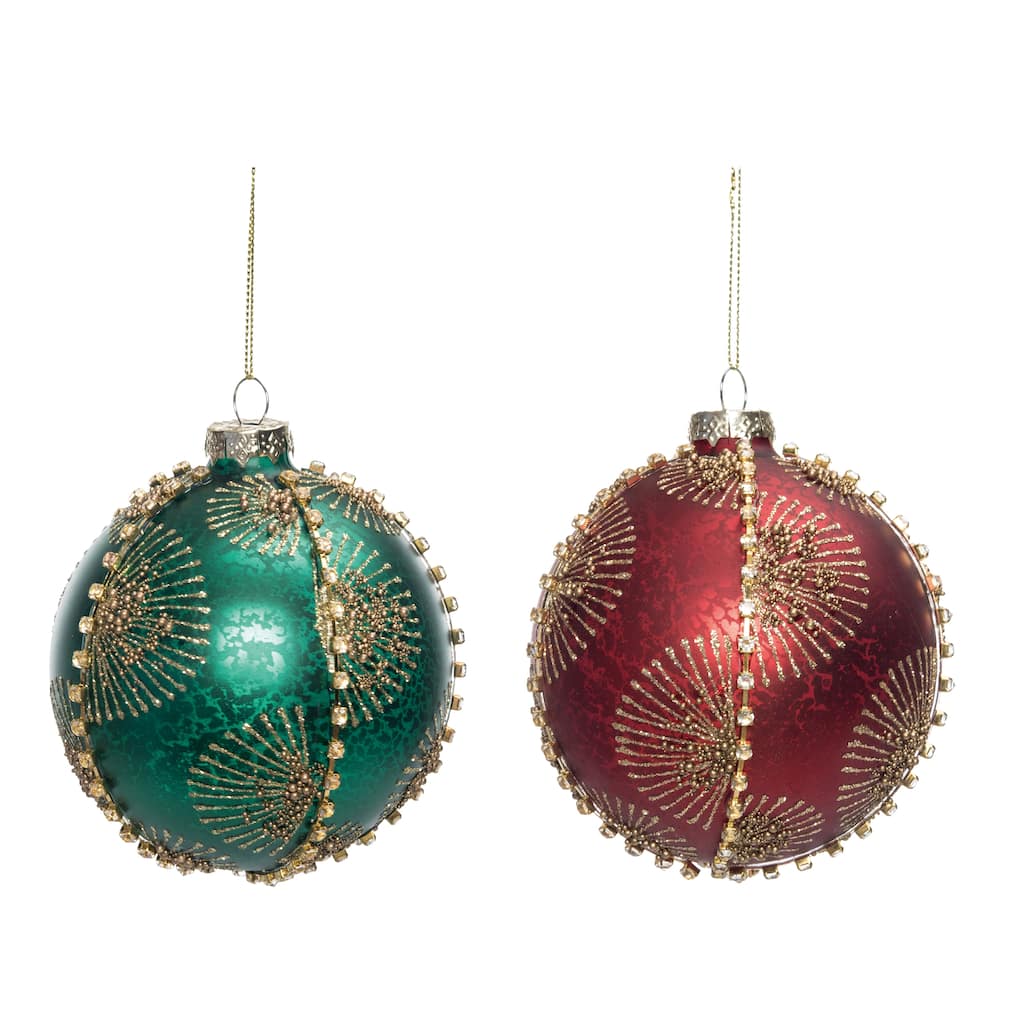Transpac Glass Red/Green Ornament w/Gold Glitter Detail set of 2 Christmas Home Decorations