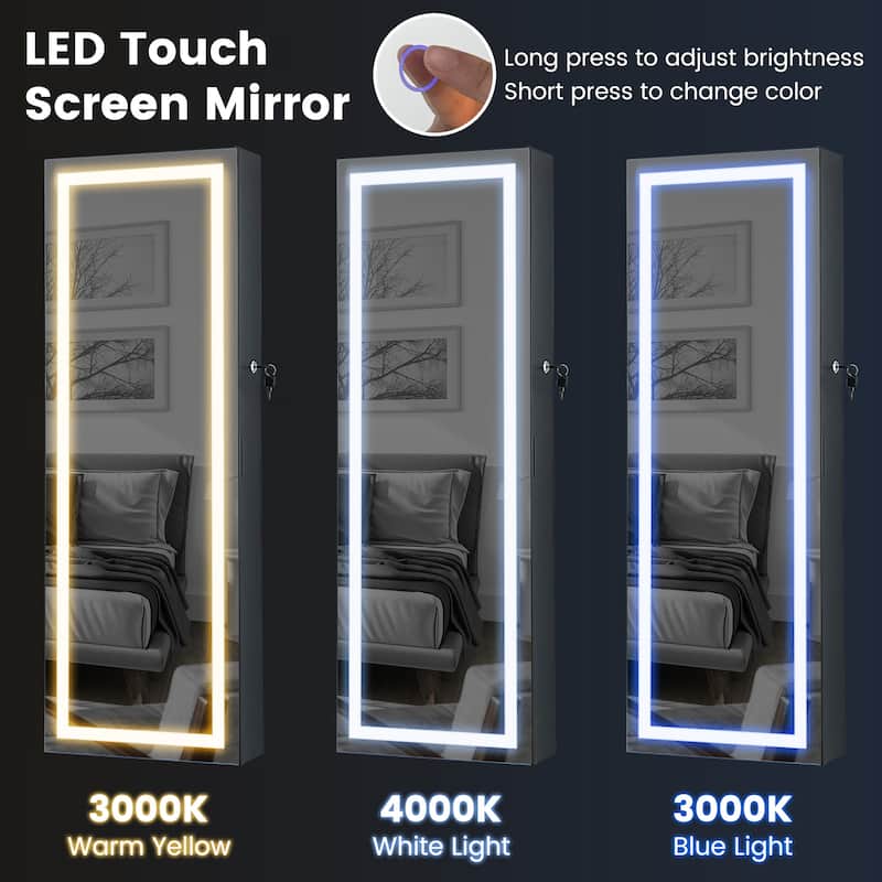 Gymax LED Mirror Jewelry Cabinet Wall/Door Mounted Organizer Armoire