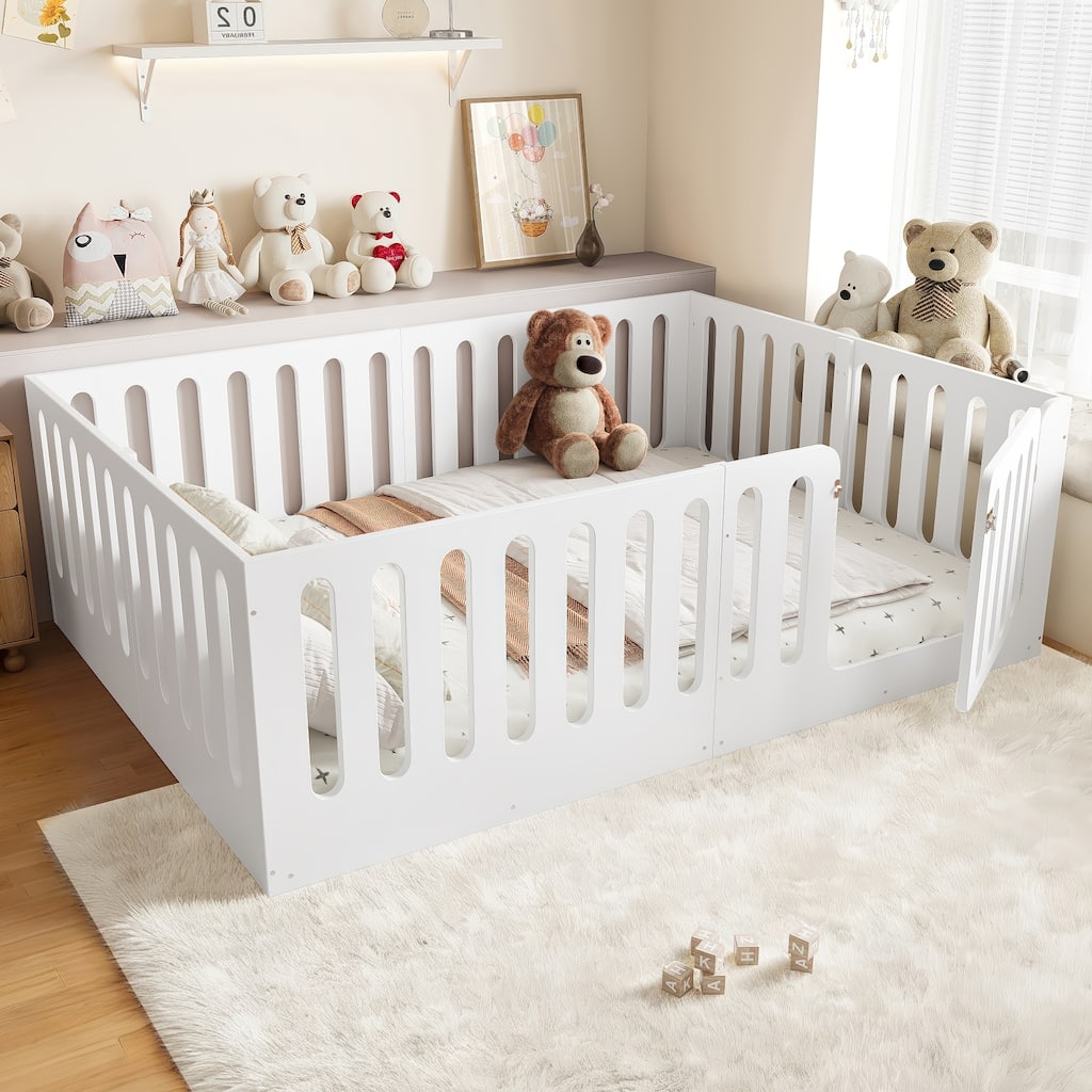 Queen Size Floor Bed with High Fence for Kids, Solid Wood Kids Montessori Bed with Door, No Box Spring Needed Design