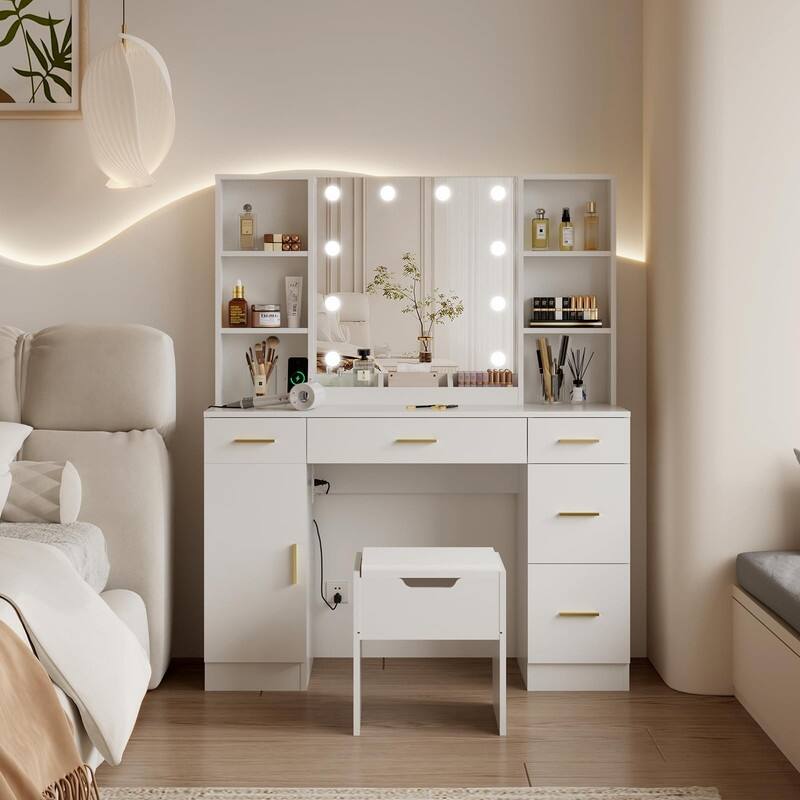 55.7" Dressing Table with LED Lights, Storage Shelves & Stool, Drawers
