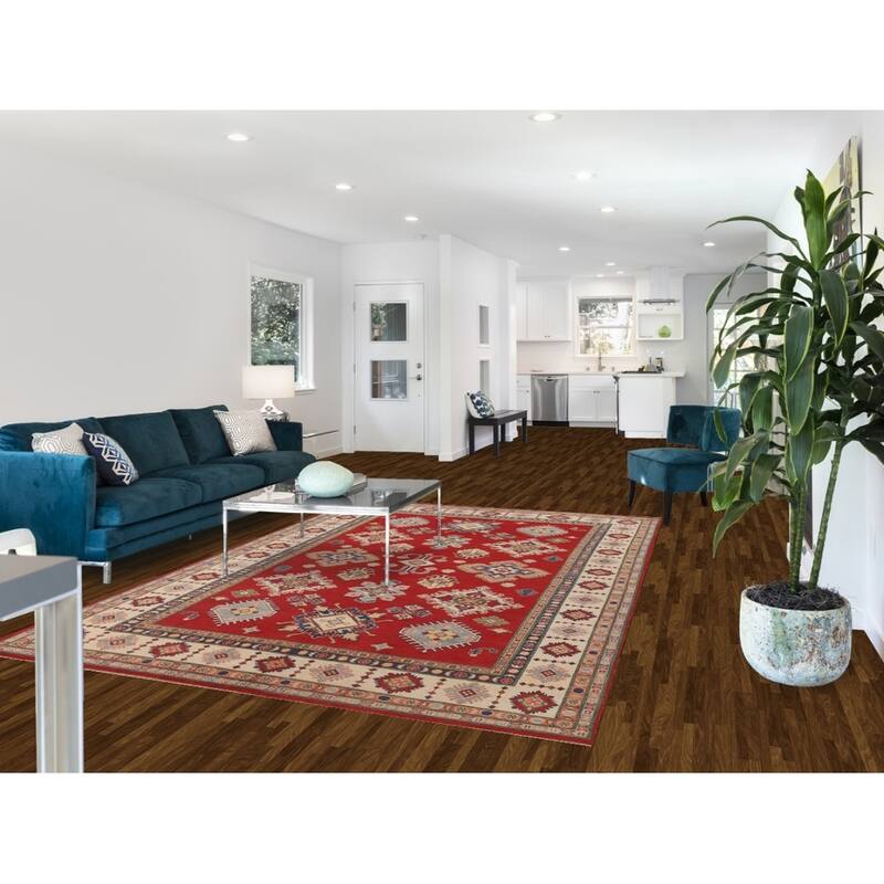 Red Geometric Kazak Living Room Area Rug Handmade Wool Carpet - 6'7" x 9'11"