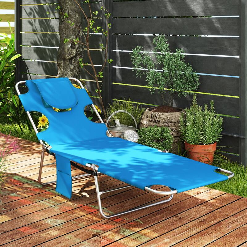 Outsunny Folding Beach Lounge Chair with Face Hole and Arm Slots, 5-level Adjustable Sun Lounger Tanning Chair with Pillow - Light Blue