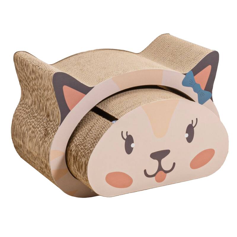 Opal 19" Modern Cardboard Happy Cat Head 2-in-1 Cat Cave Scratcher with Built-In Bell Toys and Catnip, Cream/Peach