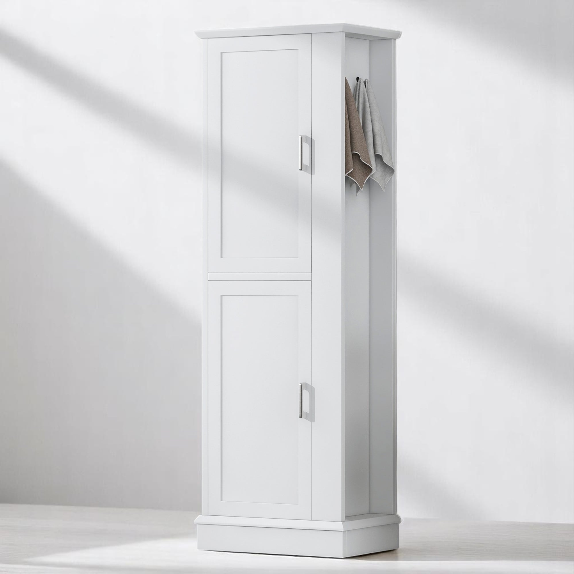 Freestanding Bathroom Storage Cabinet with 2 Doors, Adjustable Shelves, Side Towel Hook, White MDF Unit
