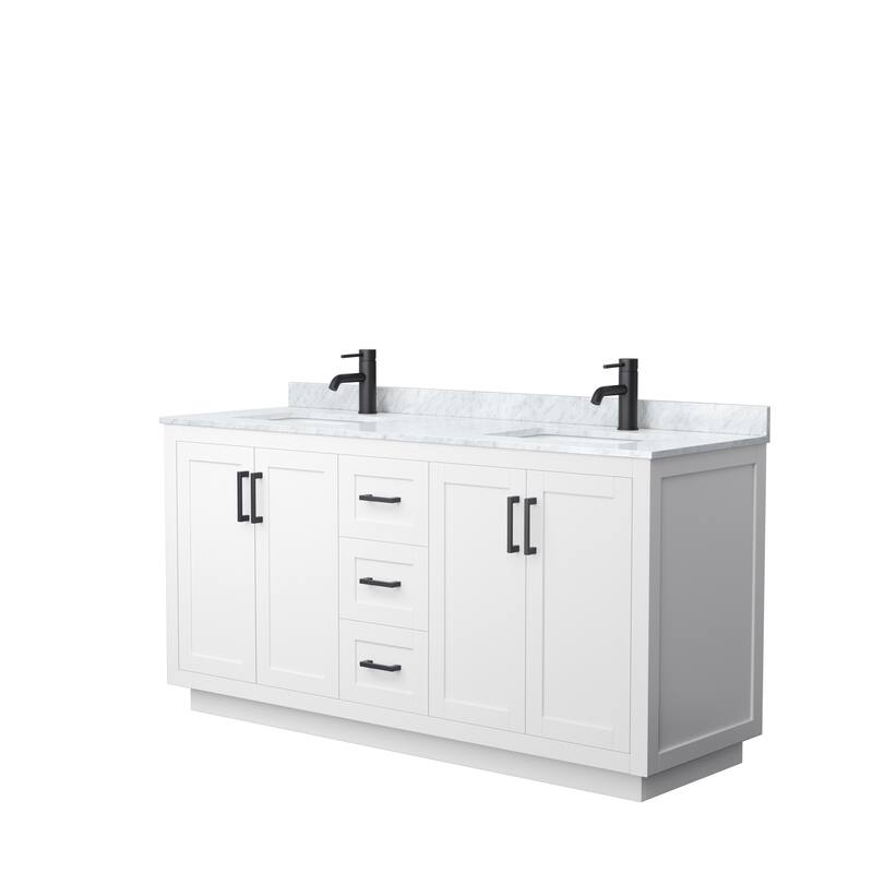 Miranda Double Vanity Set, White Carrara Marble Top, No Mirror - 66-Inch Double - White, Black Trim, White Carrara Marble Top