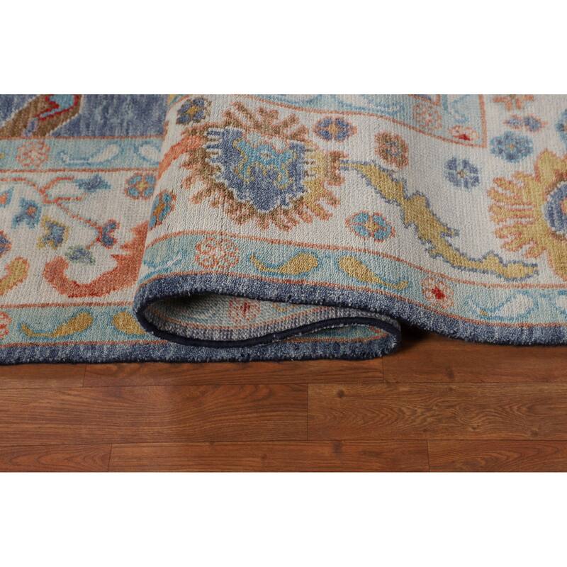 All-Over Blue Floral Oushak Indian Area Rug Hand-Knotted Wool Carpet - 7'11" X 9'9"