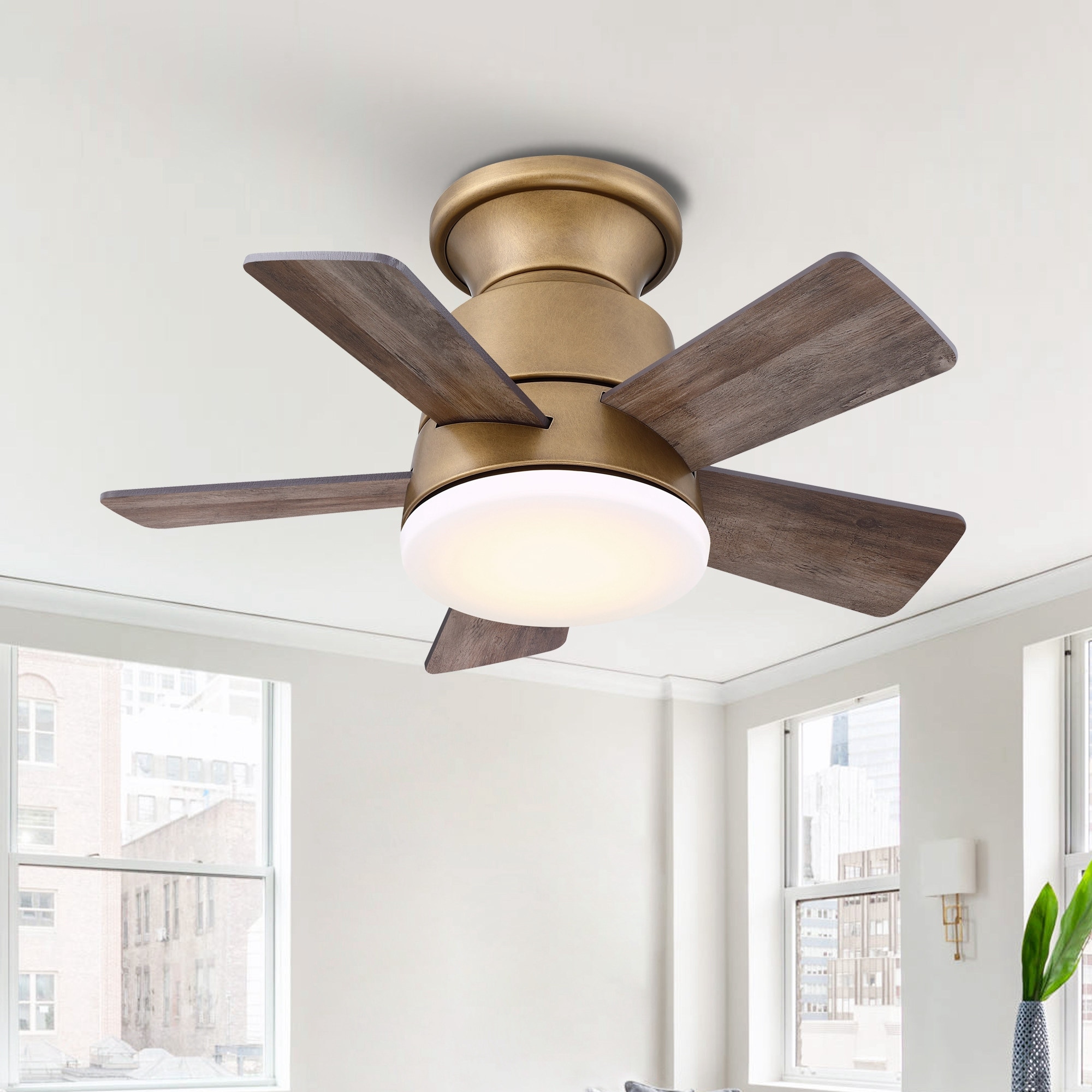 24" Vintage Brass Wooden Small Dimmable Hugger Flush Mount Ceiling Fan with Light and Remote