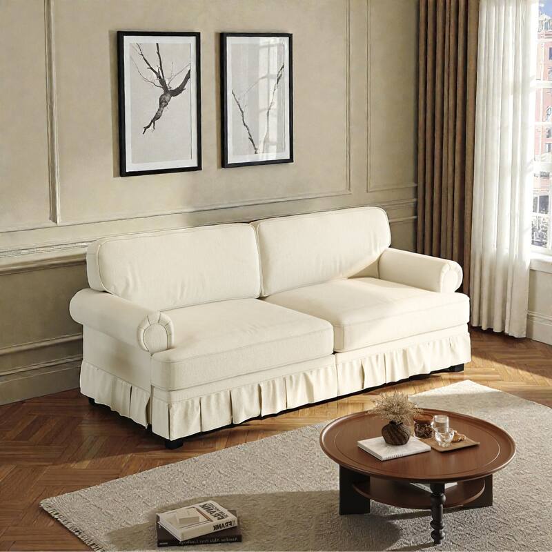 74" Luxury 3 Seater Cloud Couch with Deep Seat, Fabric Sofa with Rolled Arms and Pleated Skirt for Apartment - Beige