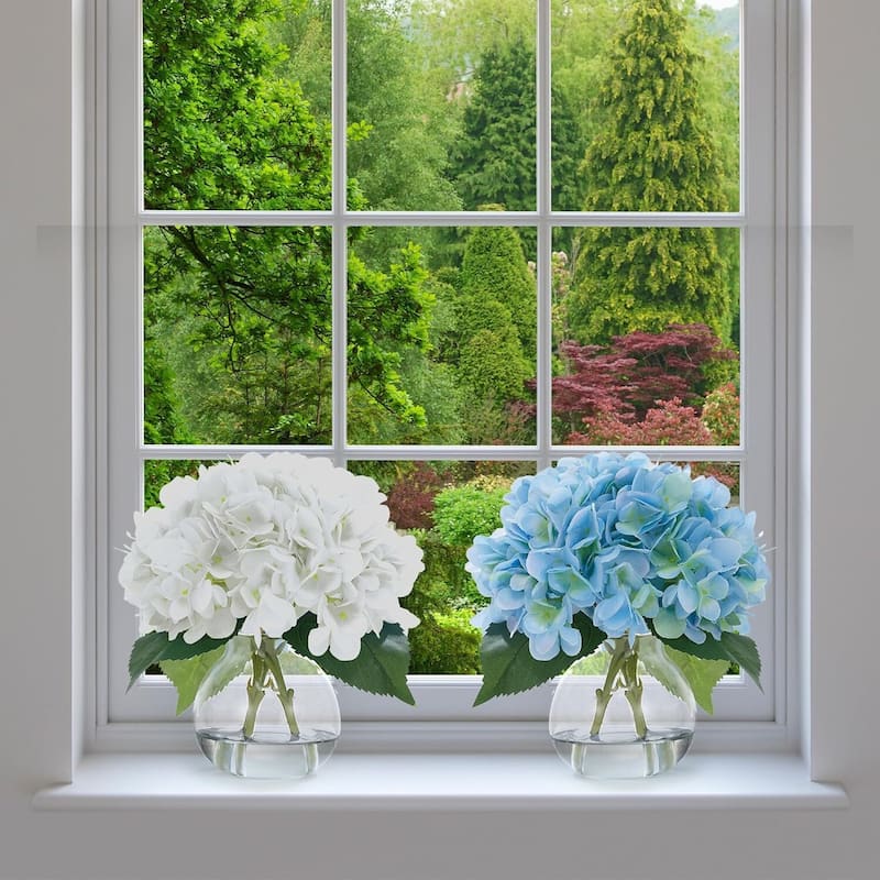 2 Pack Artificial Hydrangea Flowers in Glass Vase with Faux Water for Home Decor - 2 pcs