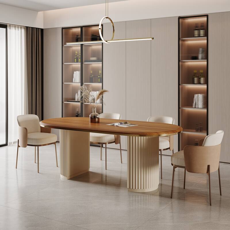 71" Mid Century Wood Rectangular Dining Table for 6, Oval Kitchen Table with double legs, Brown - Brown