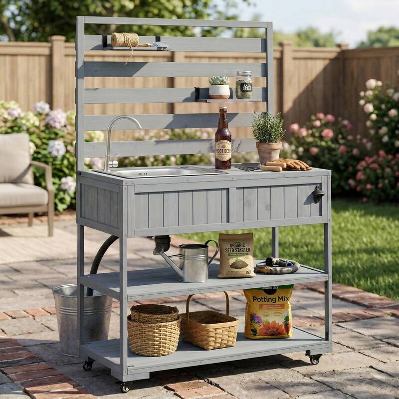 Roomfitters 41.7" Garden Potting Bench with Sink, Rolling Outdoor Potting Table, Bottle Opener, Storage Shelves, Hutch