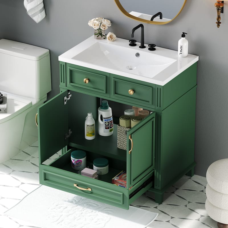 Roomfitters 30" Vanity with Resin Sink, Solid Wood Cabinet with Soft Closing Doors, Retro Freestanding Storage Style