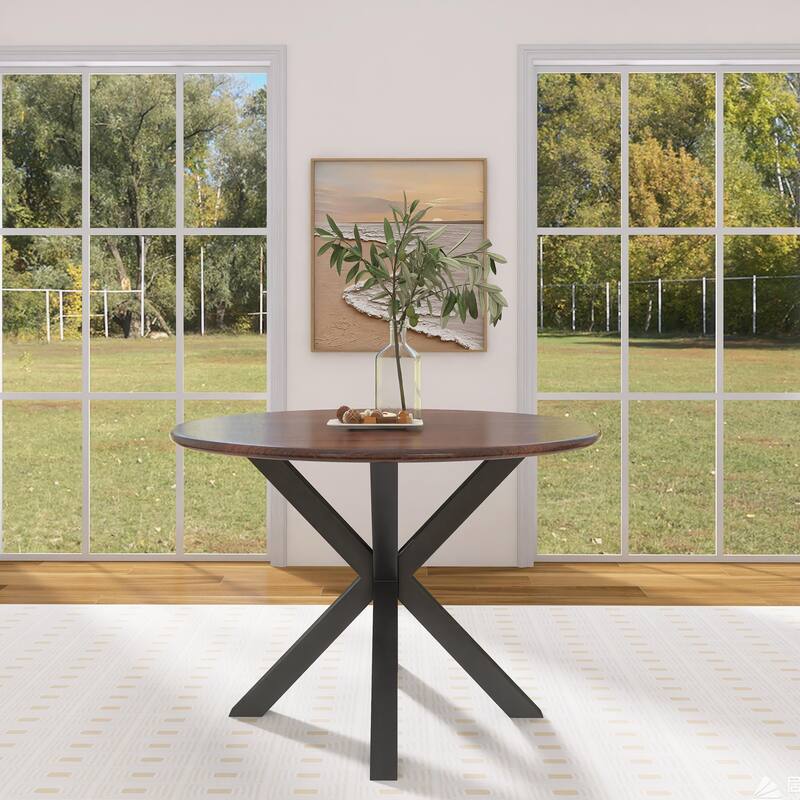 42 Inch Dining Table With Round Table Top and Steel Cross Legs - 29"H x 42"L x 42"W