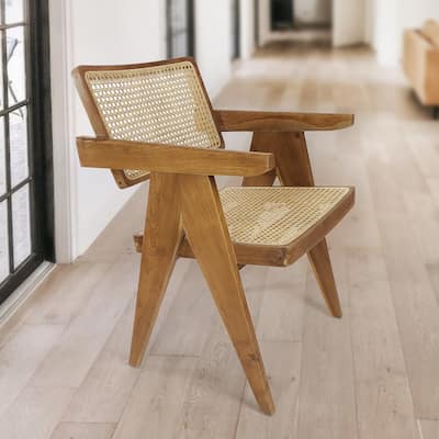 Nacum Stained Teak Wood and Natural Rattan Modern Armchair