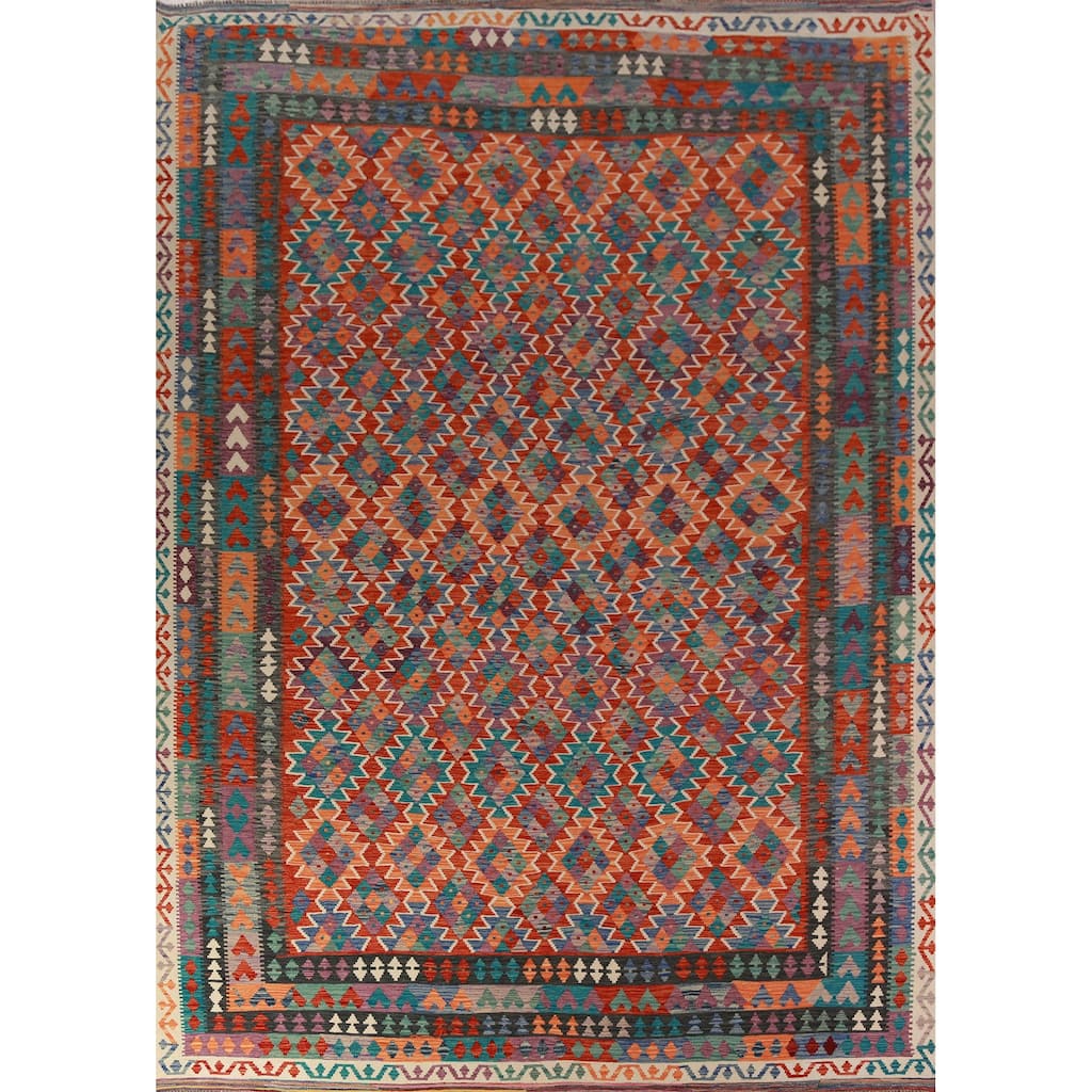 Reversible Kilim Area Rug Oriental Hand-Woven Wool Carpet - 9'11"x 13'0"