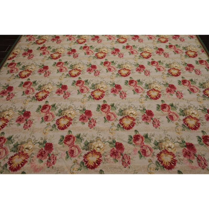 8'10''x11'11'' Hand Woven Wool Modern Floral Botanical Ivory French Aubusson Needlepoint Rug - 8' 10'' x 11' 11''