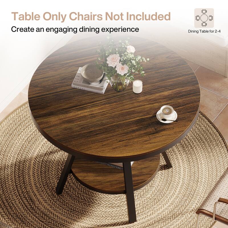 2 Tier Small Round Dining Table for 2-4 People, Industrial Kitchen Dinner Table with Sturdy Metal Leg - Brown + Black