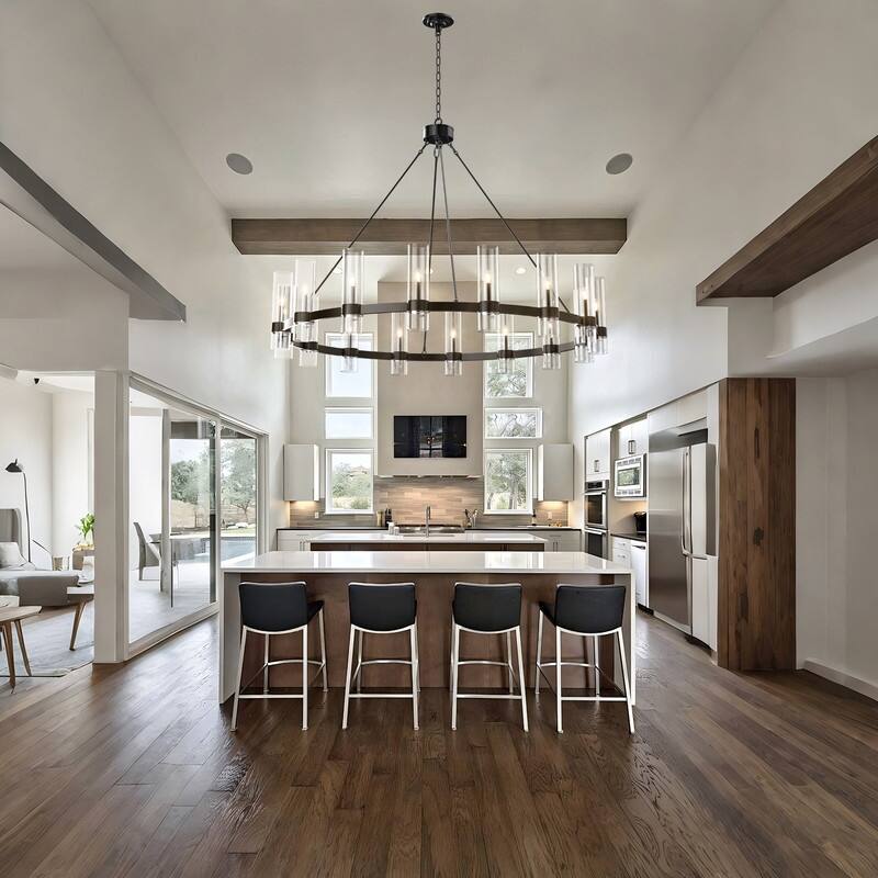 Black Wagon Wheel Chandelier with Glass Shades Adjustable Farmhouse Pendant Light for High Ceilings
