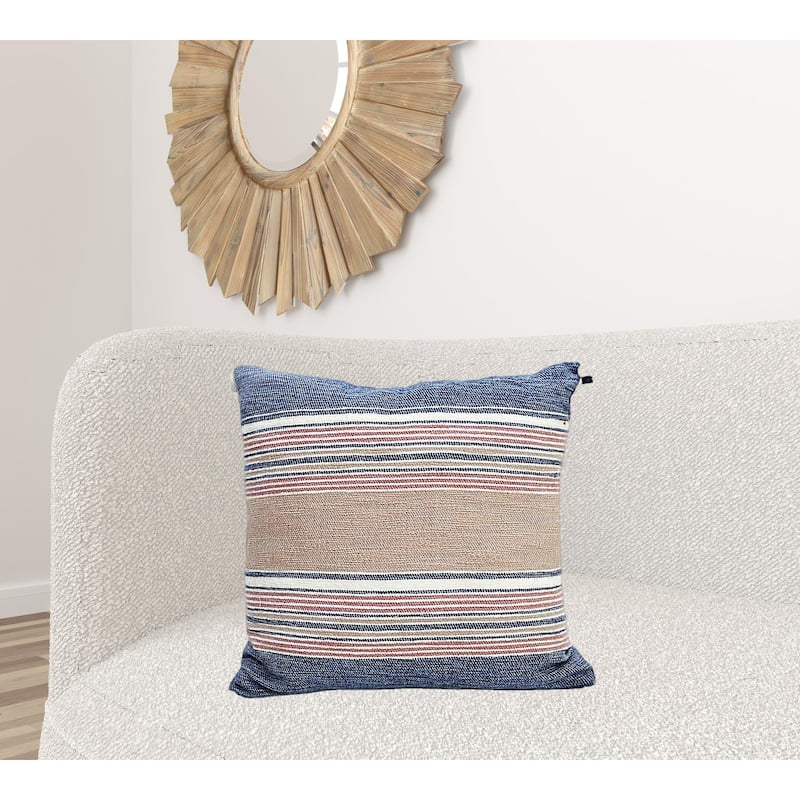 22" X 22" Blue And Tan Striped Handmade Throw Pillow With Tassels - Polyester - 22.00 in. x 10.00 in.  x 22.00 in. - Pillow Sets - Blue/Pink