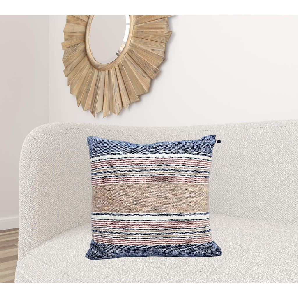 22" X 22" Blue And Tan Striped Handmade Throw Pillow With Tassels