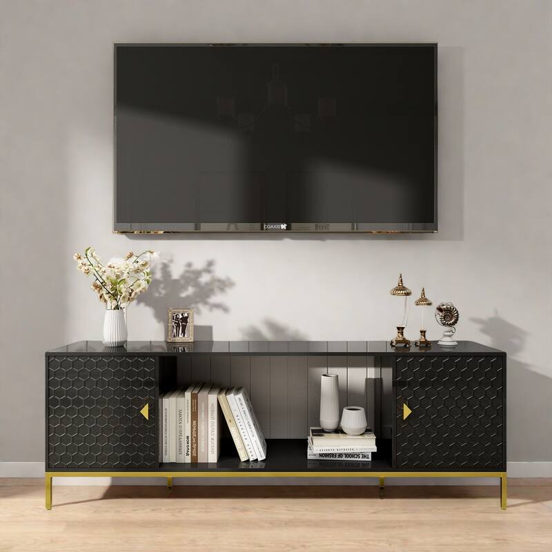 70" Electric Fireplace TV Stand with Gold Tapered Legs and Adjustable Storage - Black
