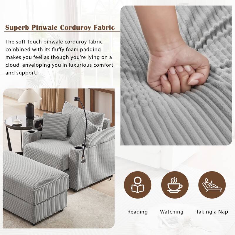 Modern Single Sofa with Movable Ottoman, Hidden Storage, USB Ports, Cup Holders and Phone Holder for Living Room