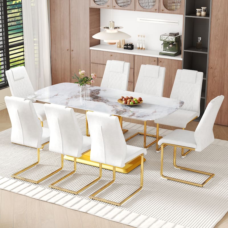 White Leather Dining Chairs with Metal Legs, Dining Table & Chairs Set Dining Table with Gold C-Shaped Legs - White Gold