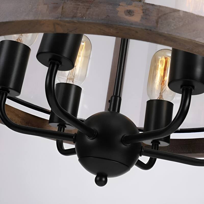 6 - Light Lantern Round Texture Drum Shade Wood Metal Frame Island Pendant Lamp Rustic