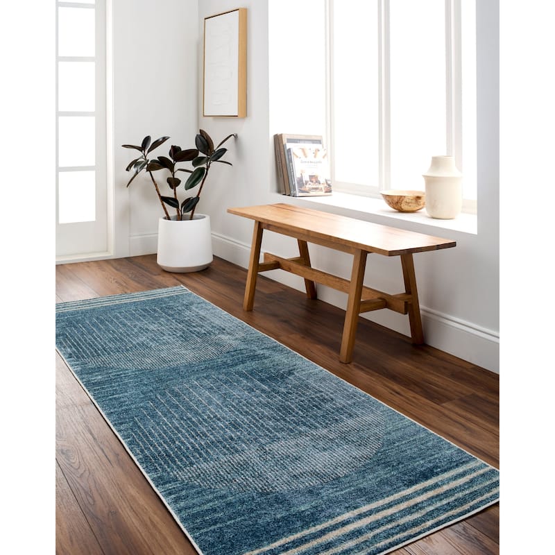Livabliss Transitional Lillian Abstract Washable Area Rug - 6'7" x 9' - Dark Blue/Light Brown