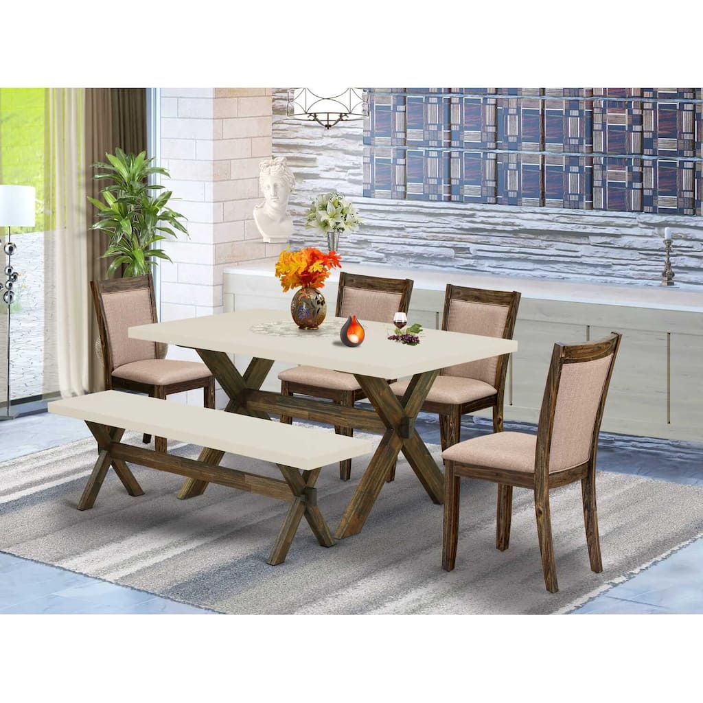 HomeStock 6-Piece Rectangle Distressed Jacobean Finish Solid Wood Top Dining Table with 1-Bench, 4-Chairs