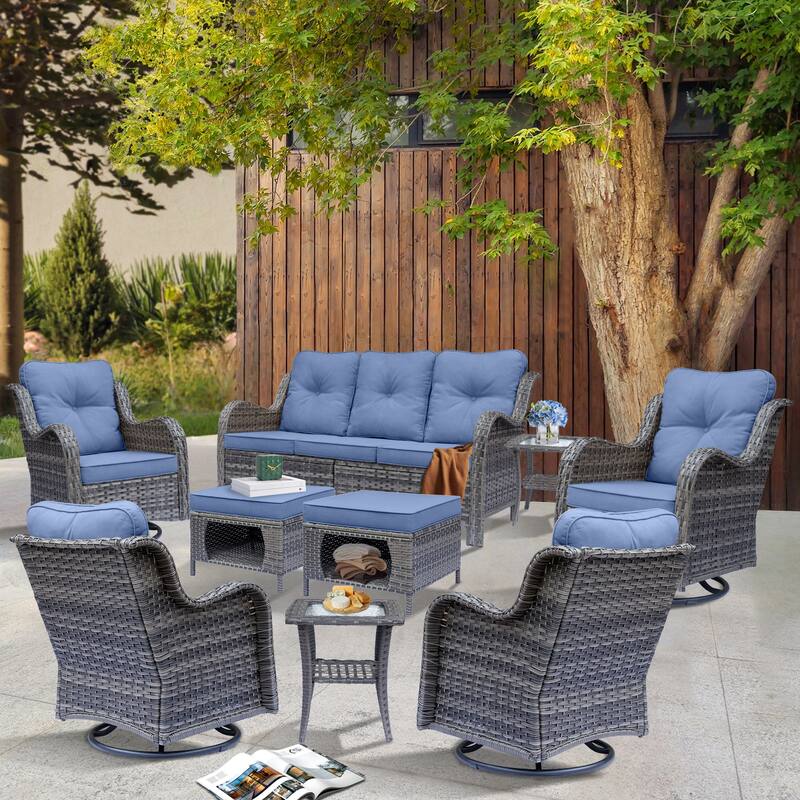 Outdoor Wicker Patio Conversation Seating Sofa Sets with Swivel Chairs