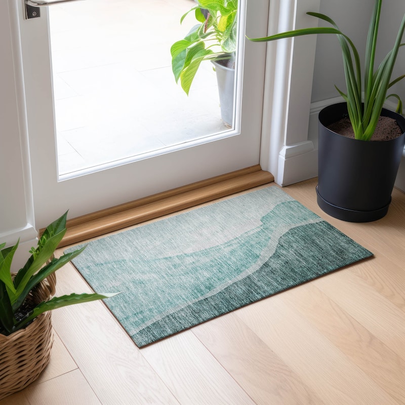 Machine Washable Indoor/ Outdoor Chantille Modern Abstract Rug - Teal - 1'8" x 2'6"