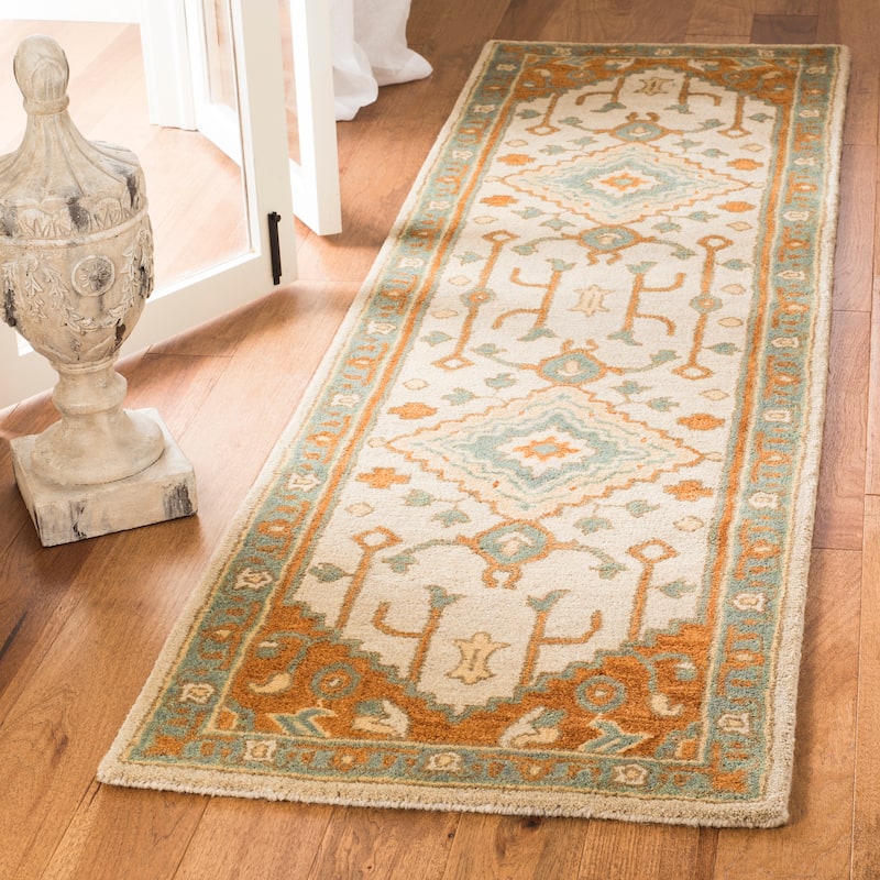 SAFAVIEH Handmade Heritage Seaflora Traditional Oriental Wool Rug - 2'3" x 10' Runner - Light Blue/Rust