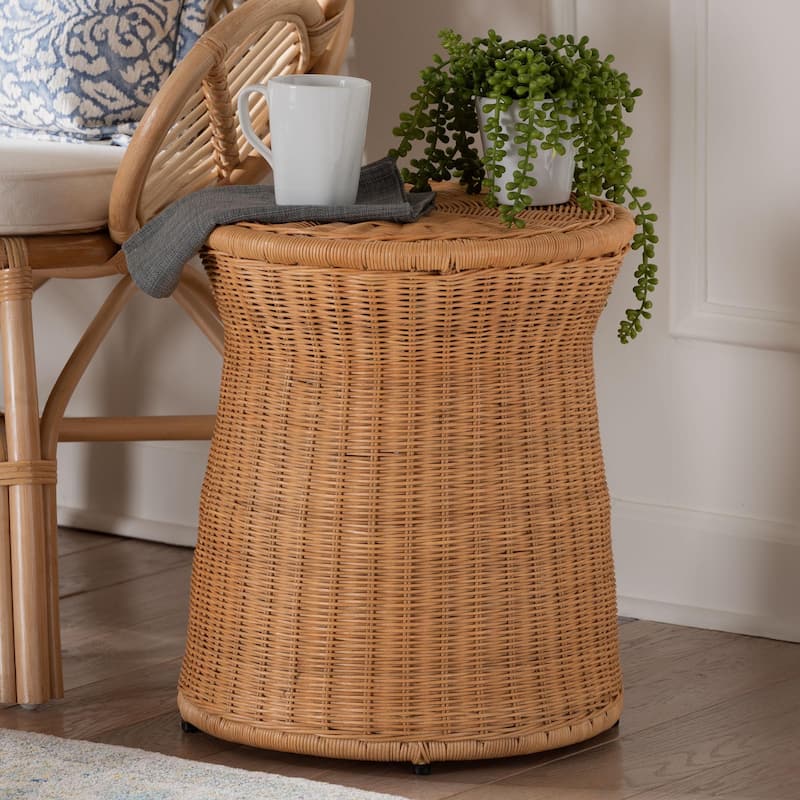 Caroline Round Natural Rattan End Table - Handwoven Wicker Drum Shape Accent Table for Living Room or Sunroom, Light Honey
