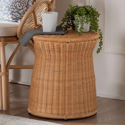 Caroline Round Natural Rattan End Table - Handwoven Wicker Drum Shape Accent Table for Living Room or Sunroom, Light Honey