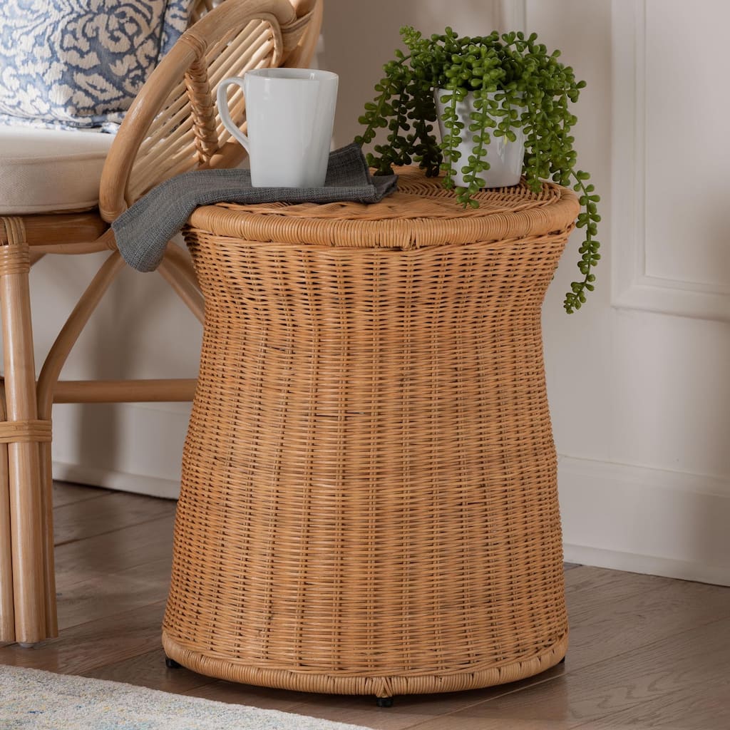 Caroline Round Natural Rattan End Table - Handwoven Wicker Drum Shape Accent Table for Living Room or Sunroom, Light Honey