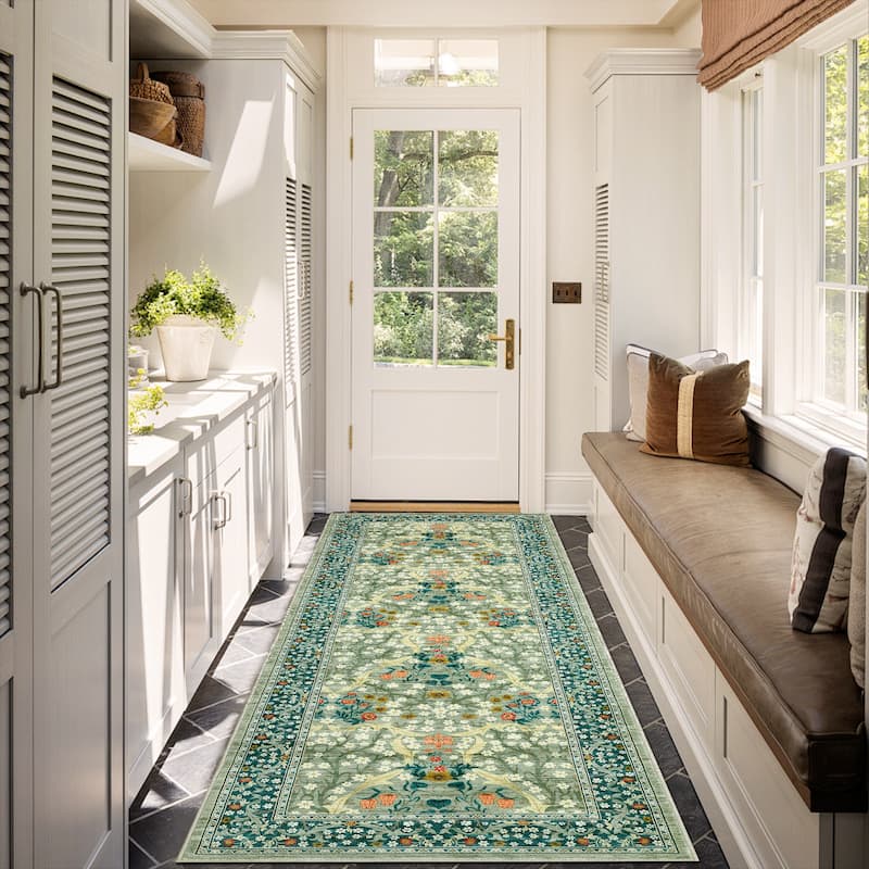 Floral Area Rugs for Living Room Bedroom Indoor Soft Low Pile Non-Slip Rug Farmhouse Rug Home Decor - 2'x6' - Green